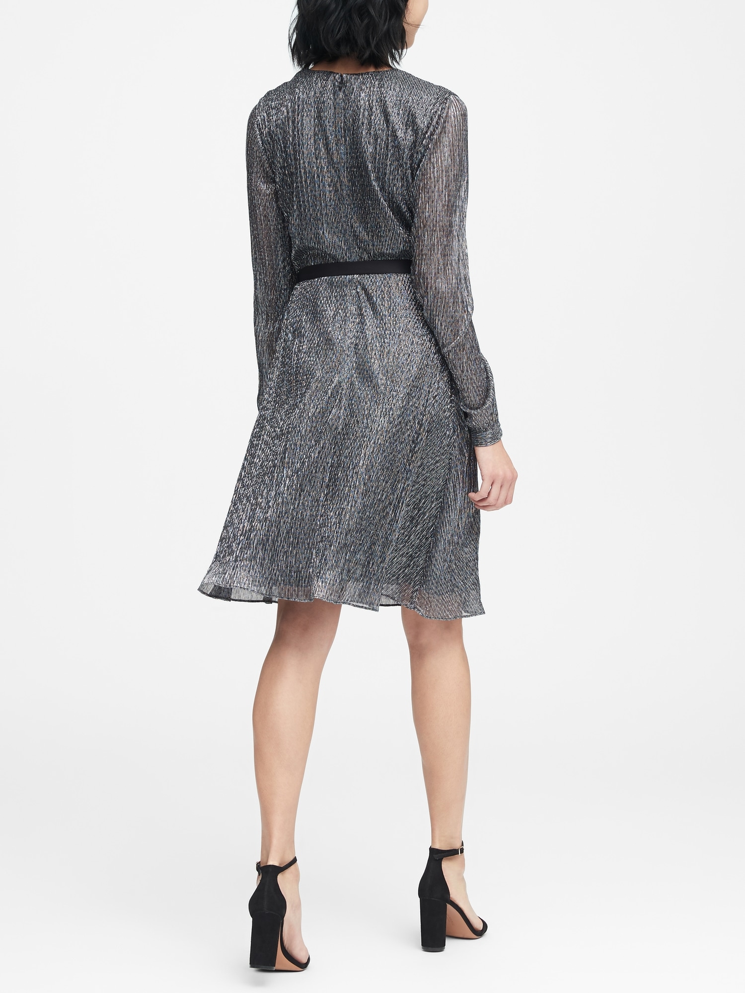 Pleated Metallic Faux-Wrap Dress