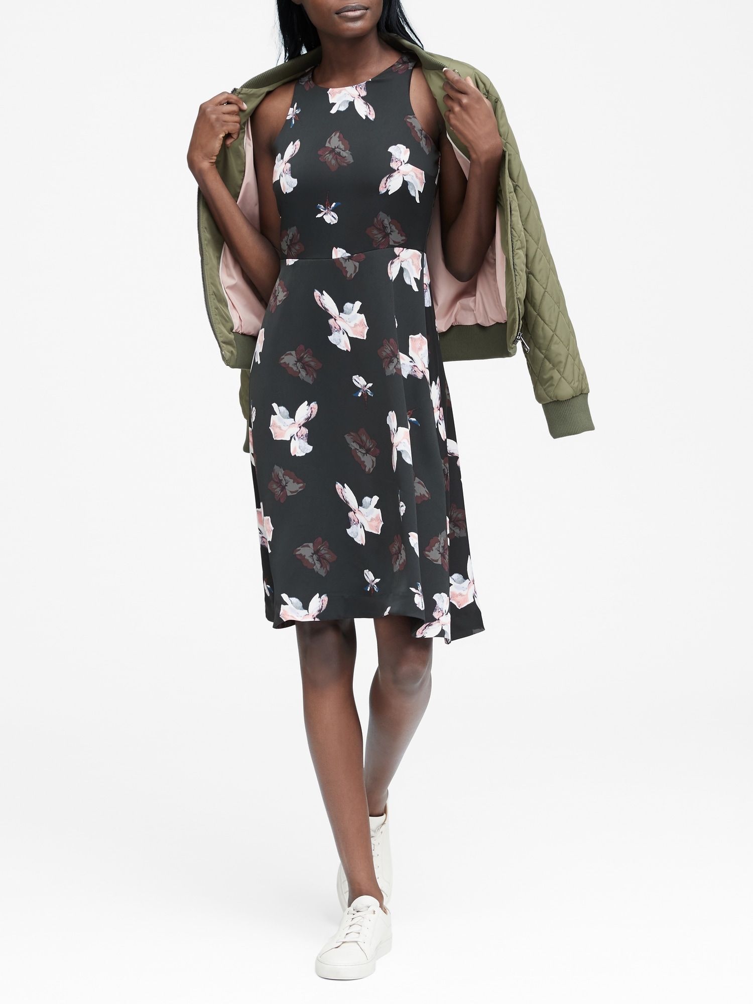 Floral Racer Petite Floral Racer-Neck Fit-and-Flare Dress | Banana Republic