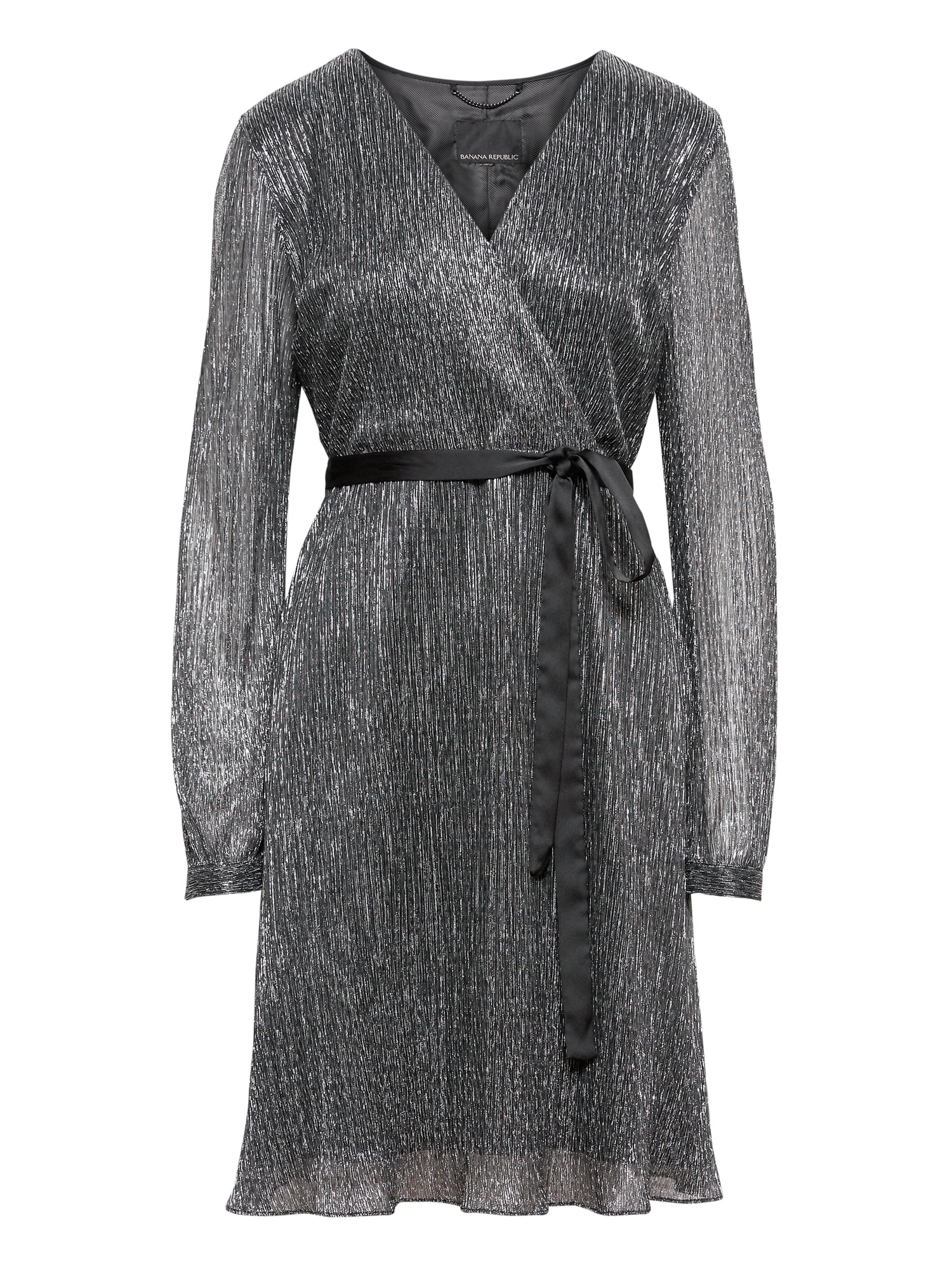 Pleated Metallic Faux-Wrap Dress