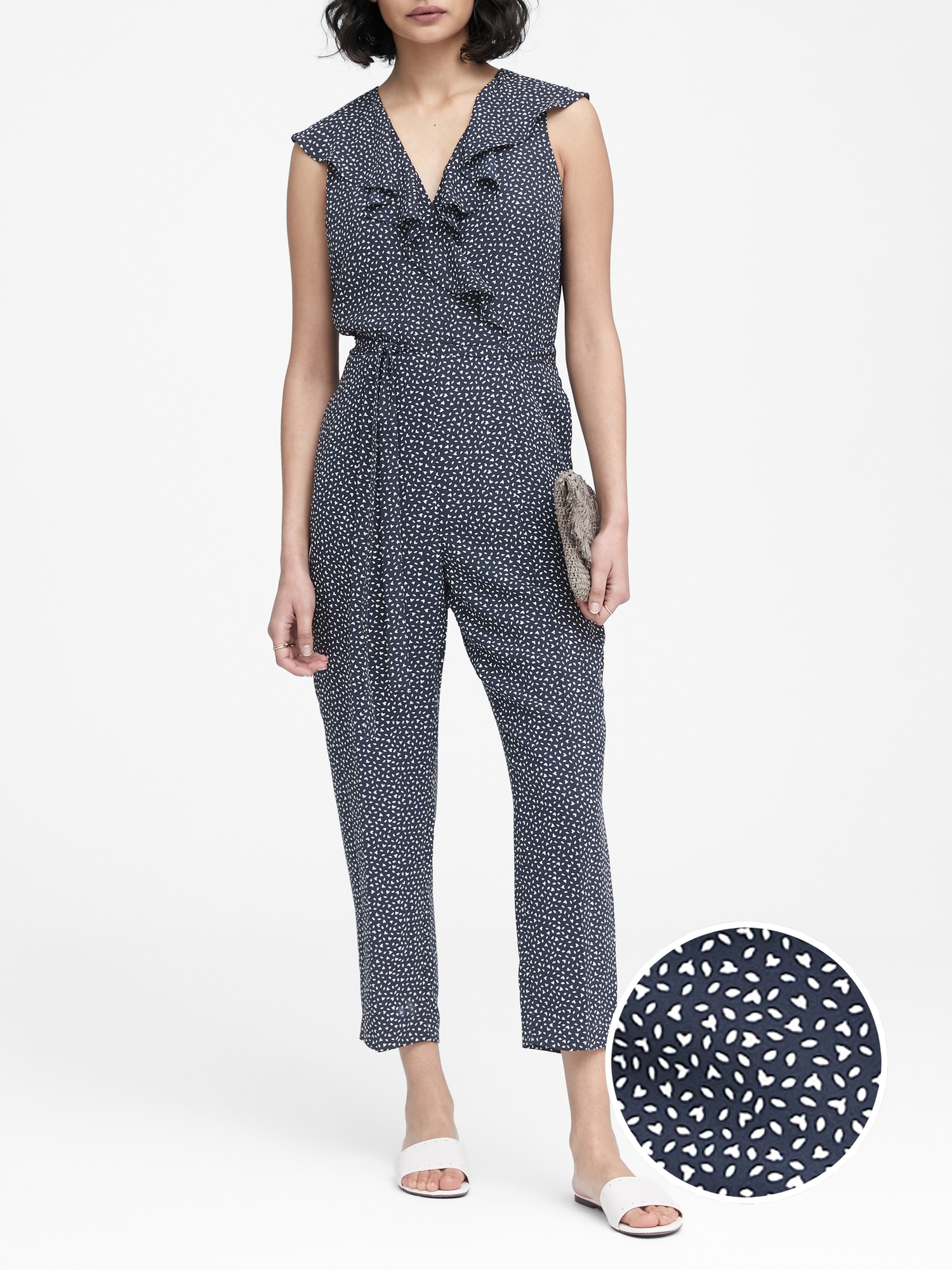 Print Ruffle V-Neck Cropped Jumpsuit