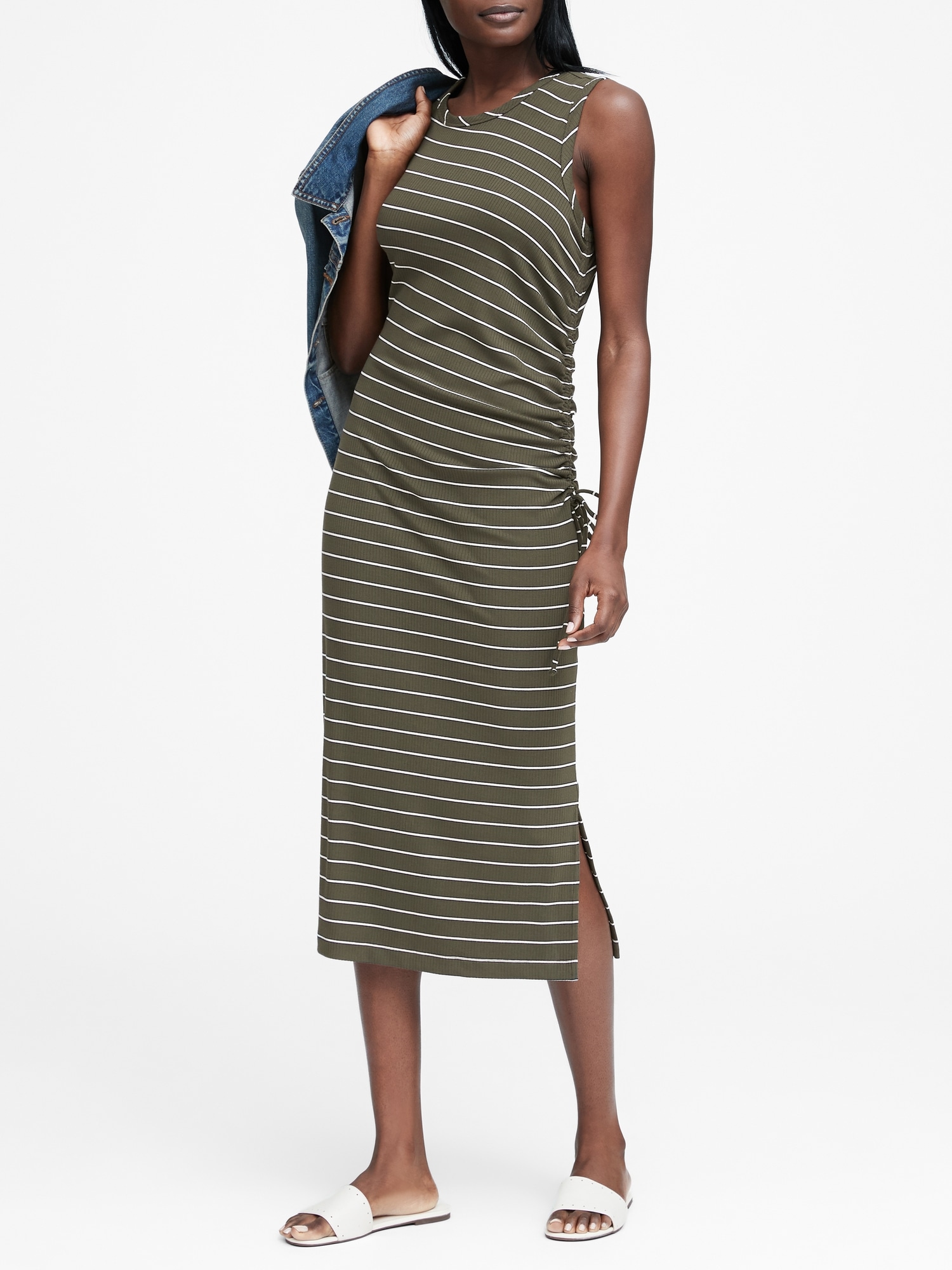 Stripe Ruched Midi Dress