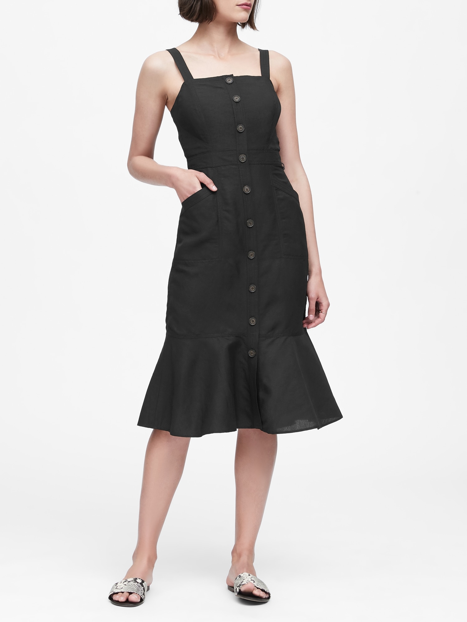 Linen-Blend Button-Front Dress