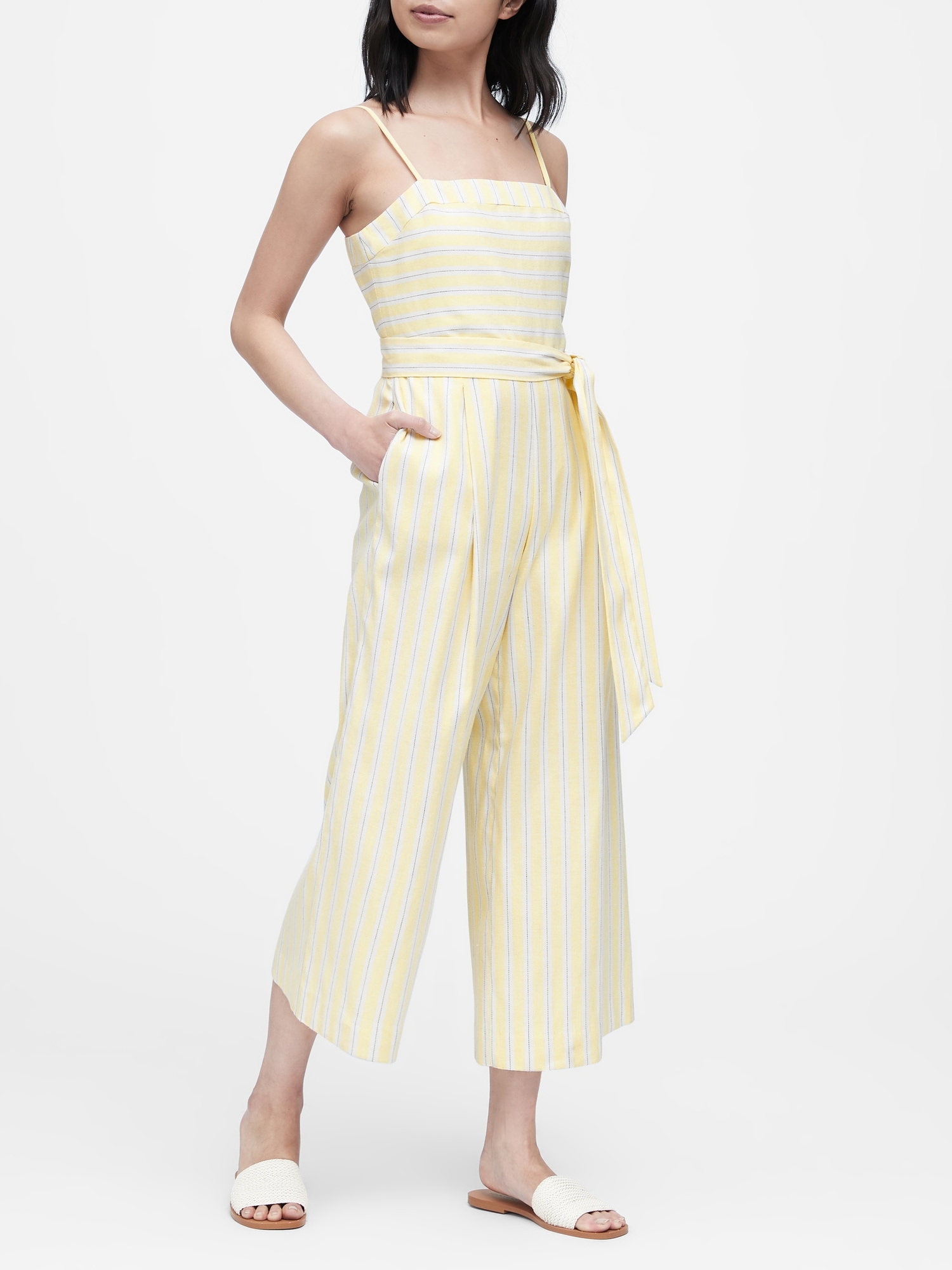 Petite Stripe Linen-Cotton Cropped Jumpsuit