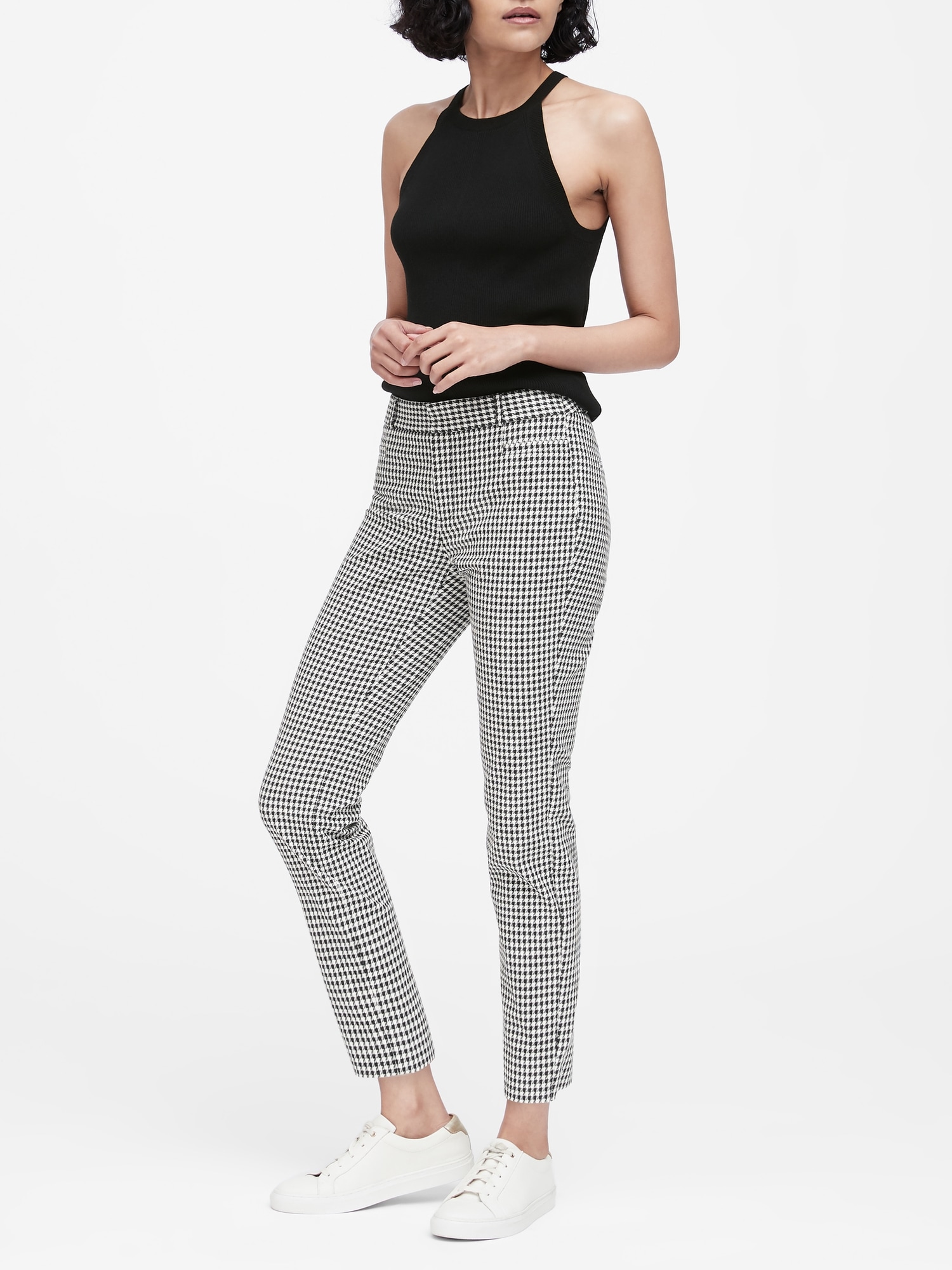 Fitted Slim-fit Pants - Black/houndstooth-patterned - Ladies