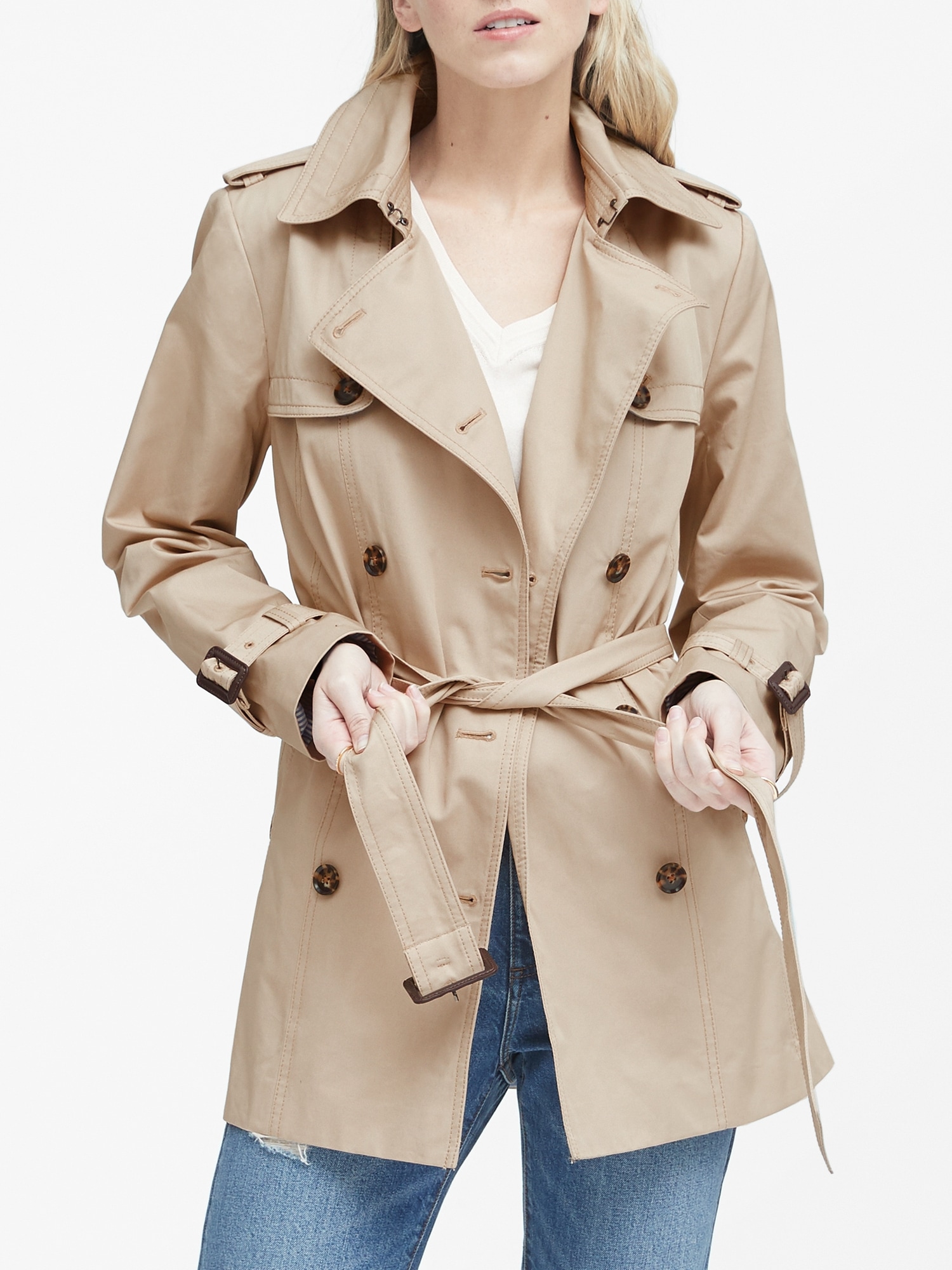 Short Trench Coat for Women with Double Breast Button Closure