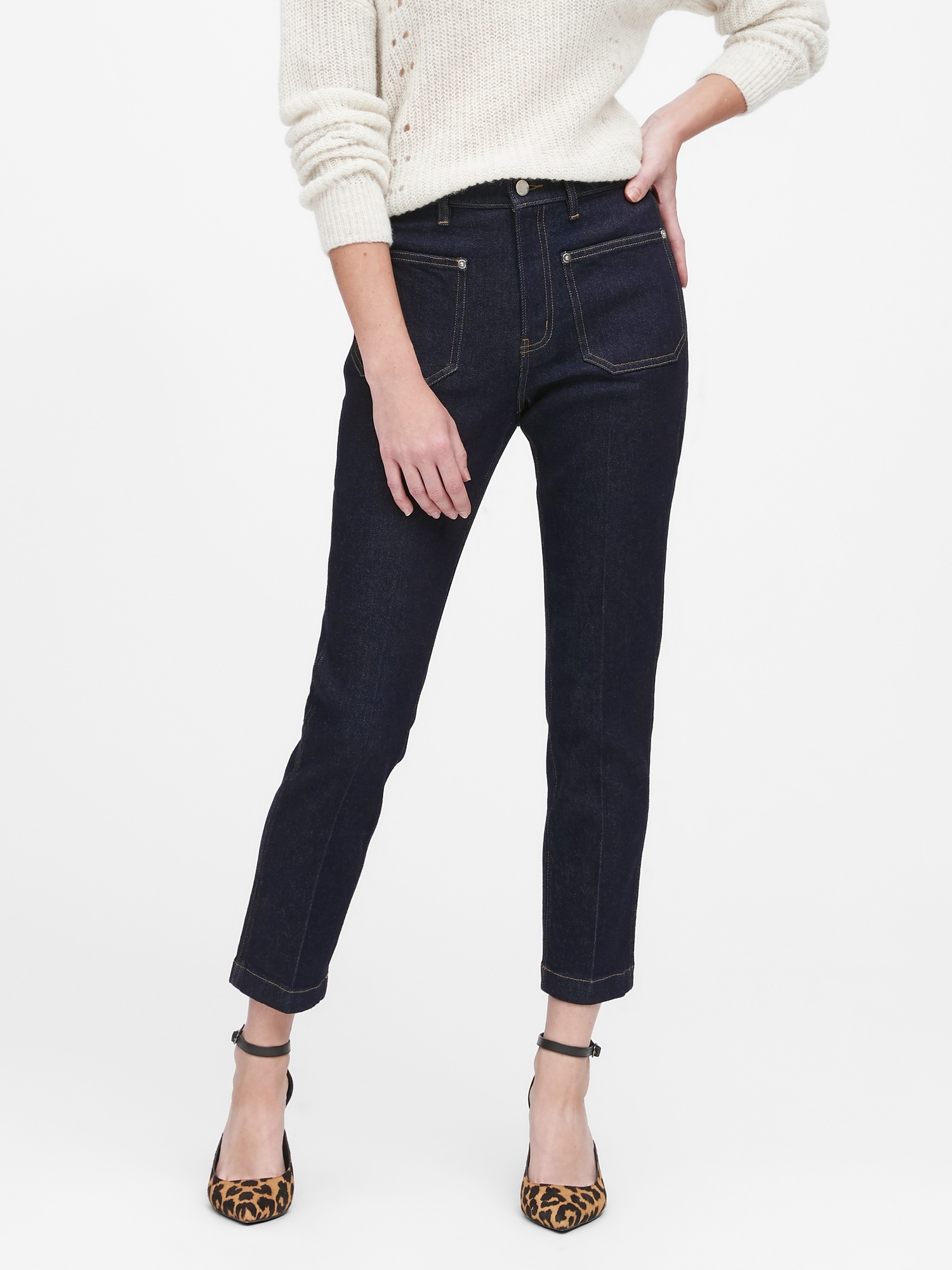 Petite High-Rise Straight-Fit Patch Pocket Jean