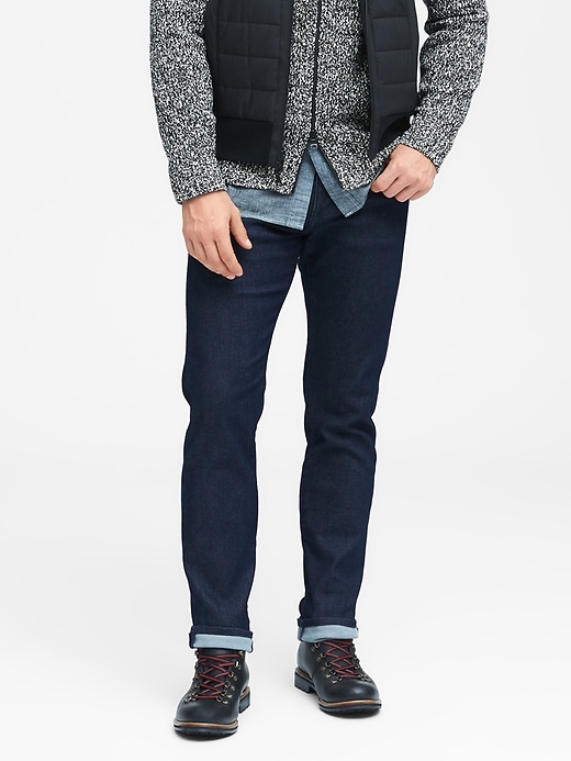 slim dark wash japanese traveler jean