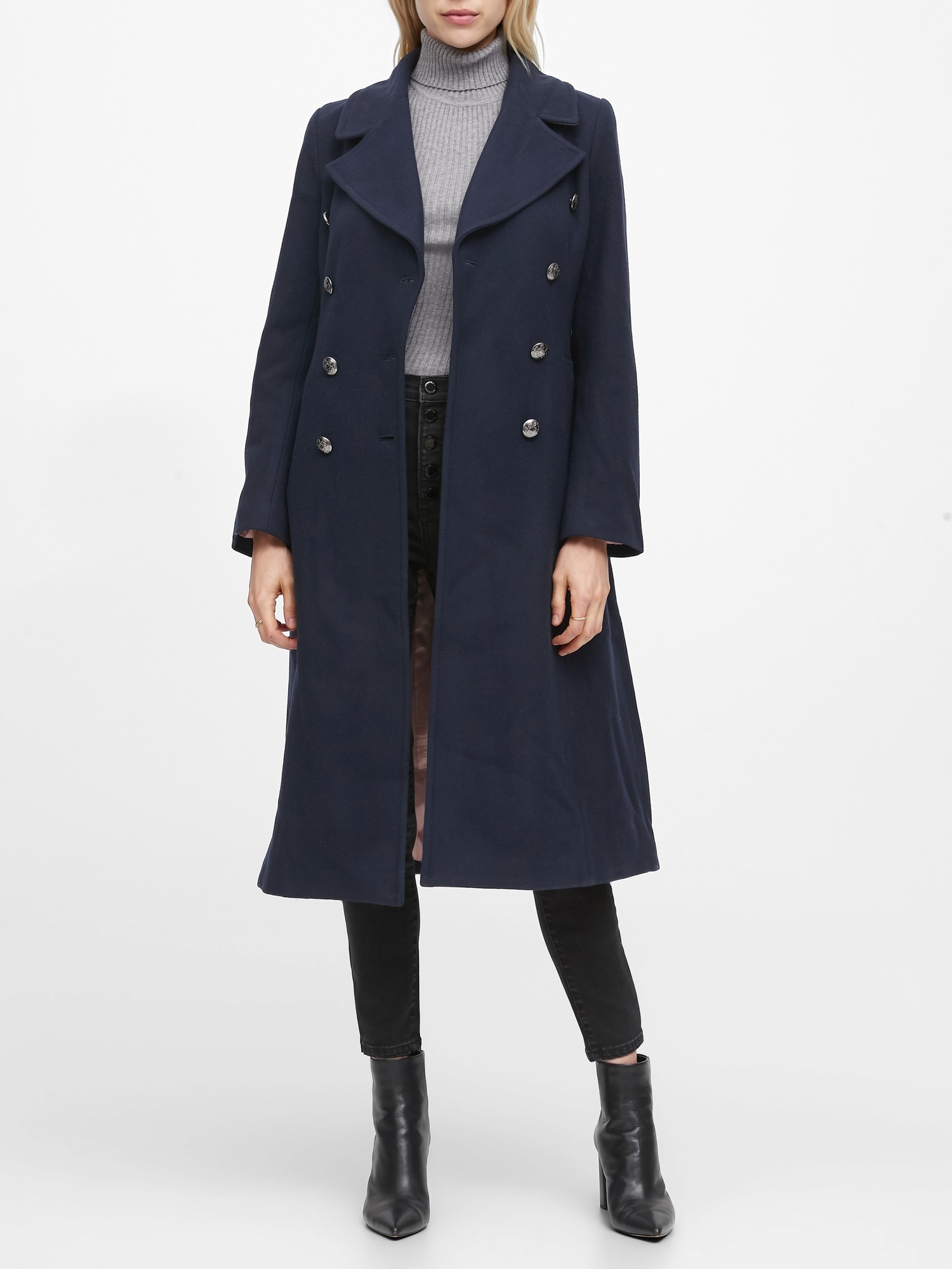 WOOL BLEND DOUBLE-BREASTED COAT - Navy blue