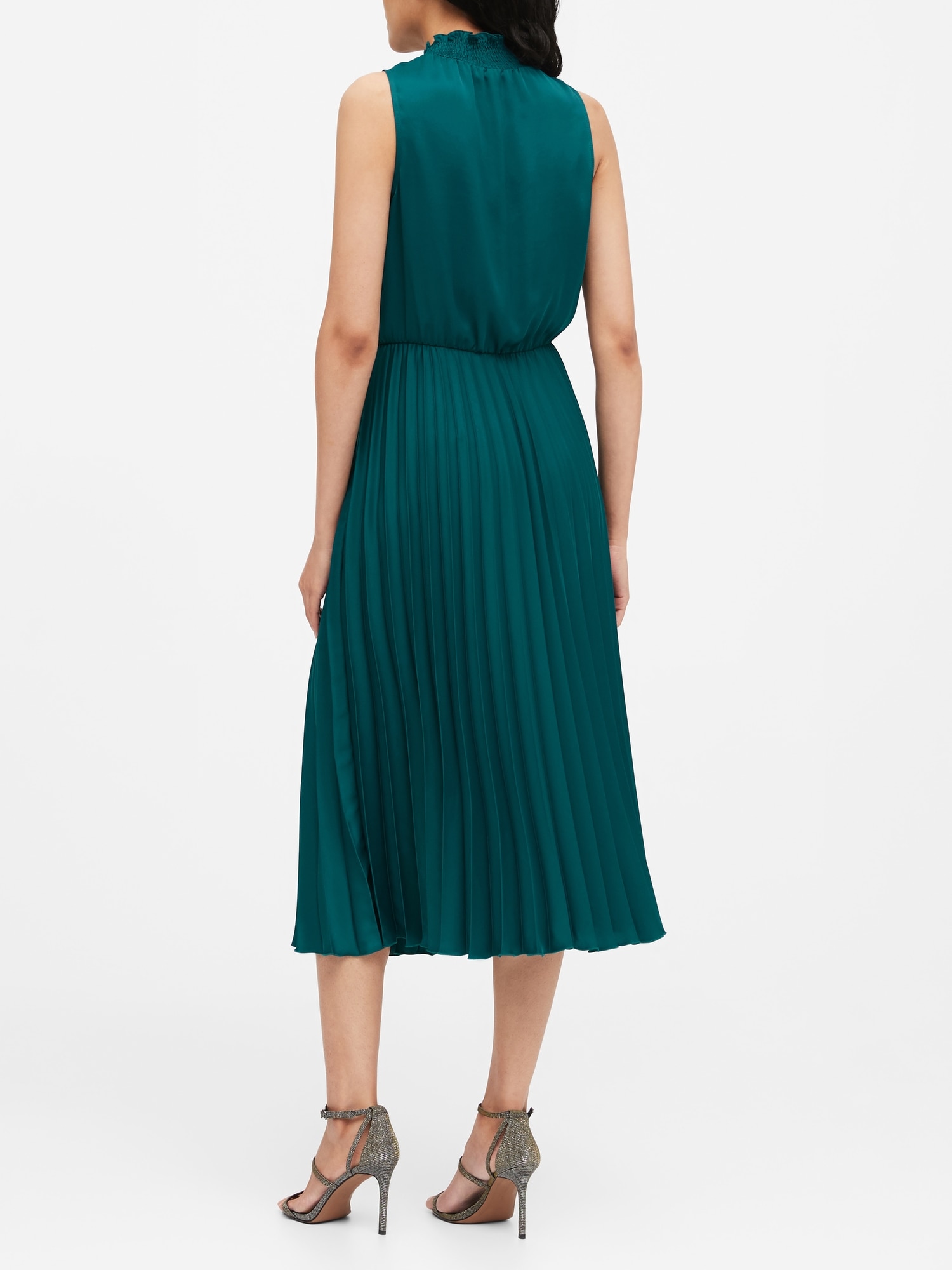 Pleated Satin Sleeveless Mock Neck Dress