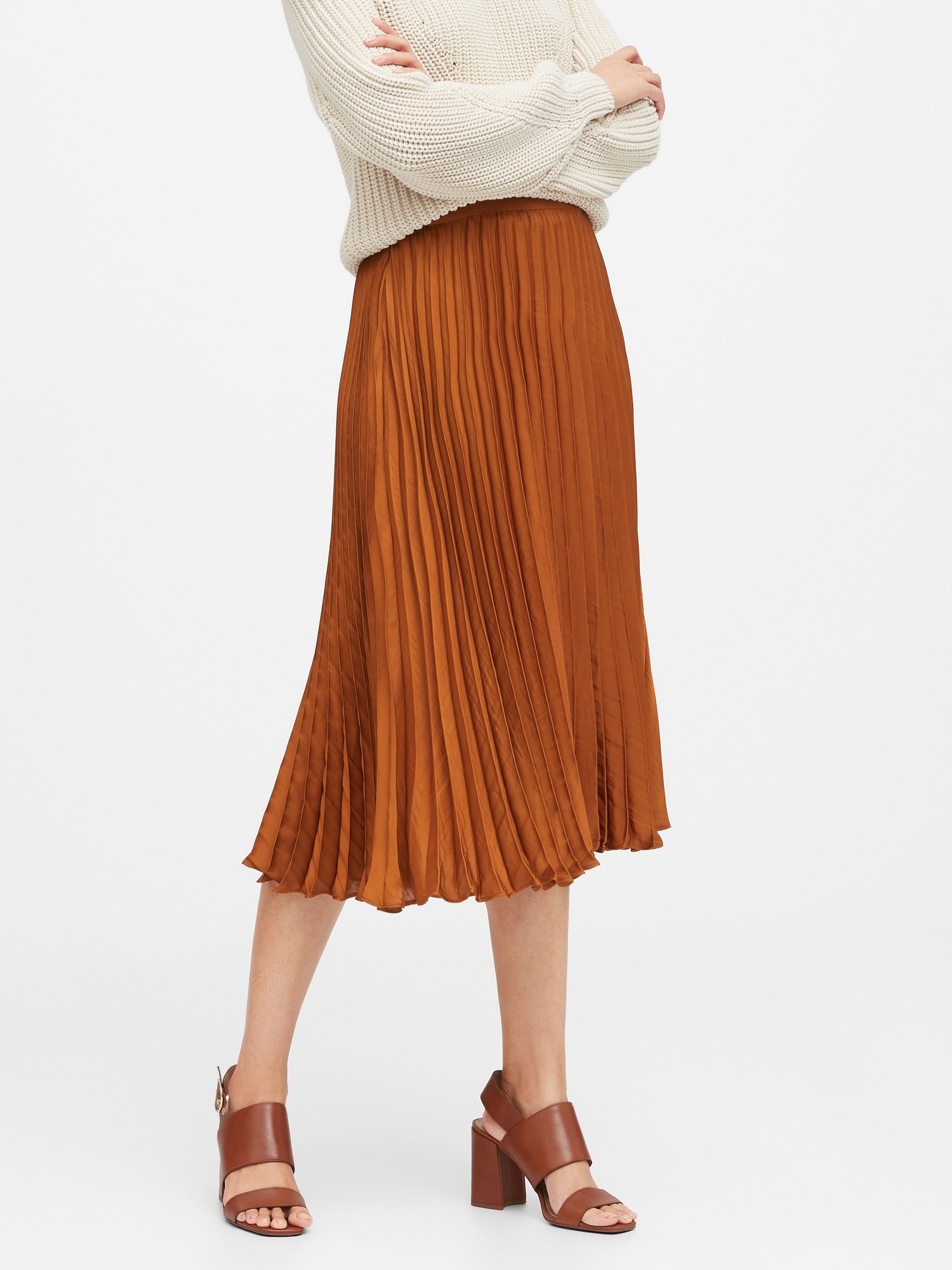 Soft Satin Pleated Midi Skirt