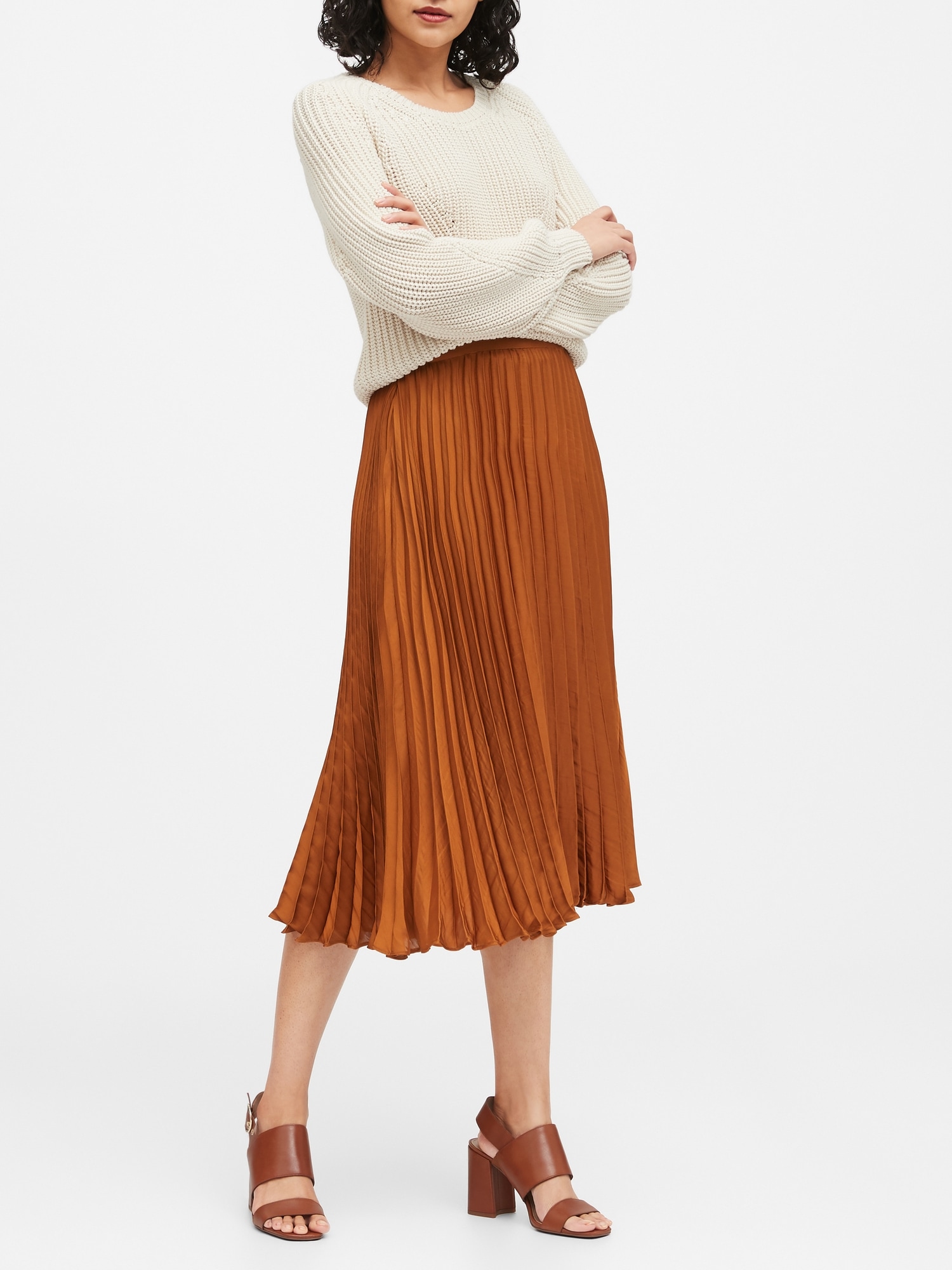 Soft Satin Pleated Midi Skirt