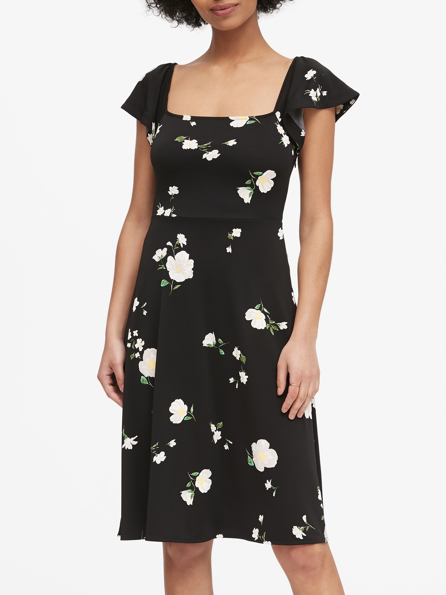 Petite Print Square Neck Midi Dress Banana Republic