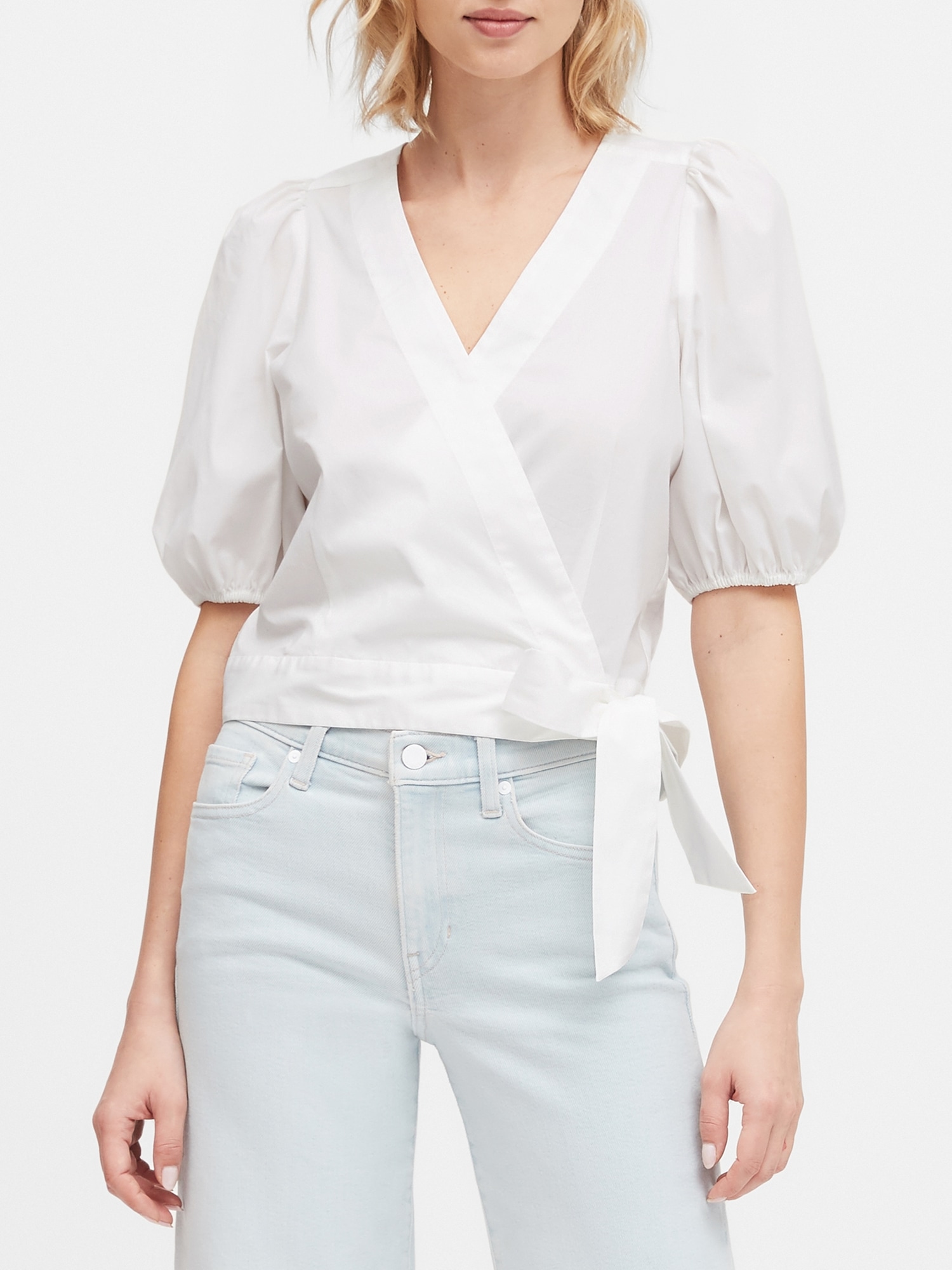 Poplin Puff-Sleeve Cropped Top | Banana Republic