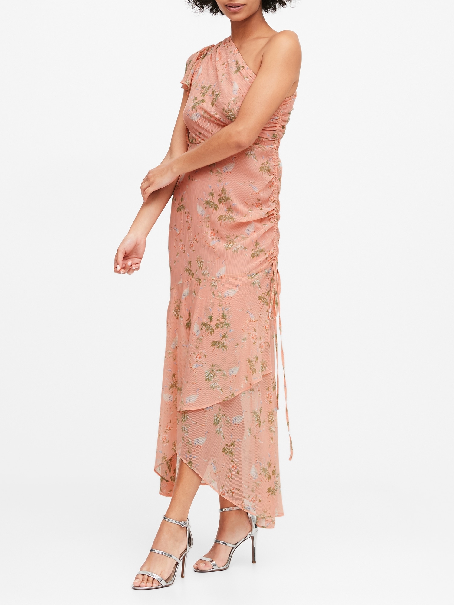 Floral Ruched One-Shoulder Dress
