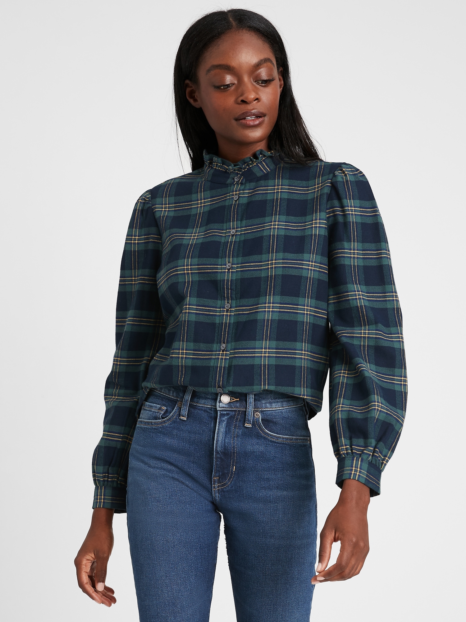 Flannel Ruffle-Collar Shirt