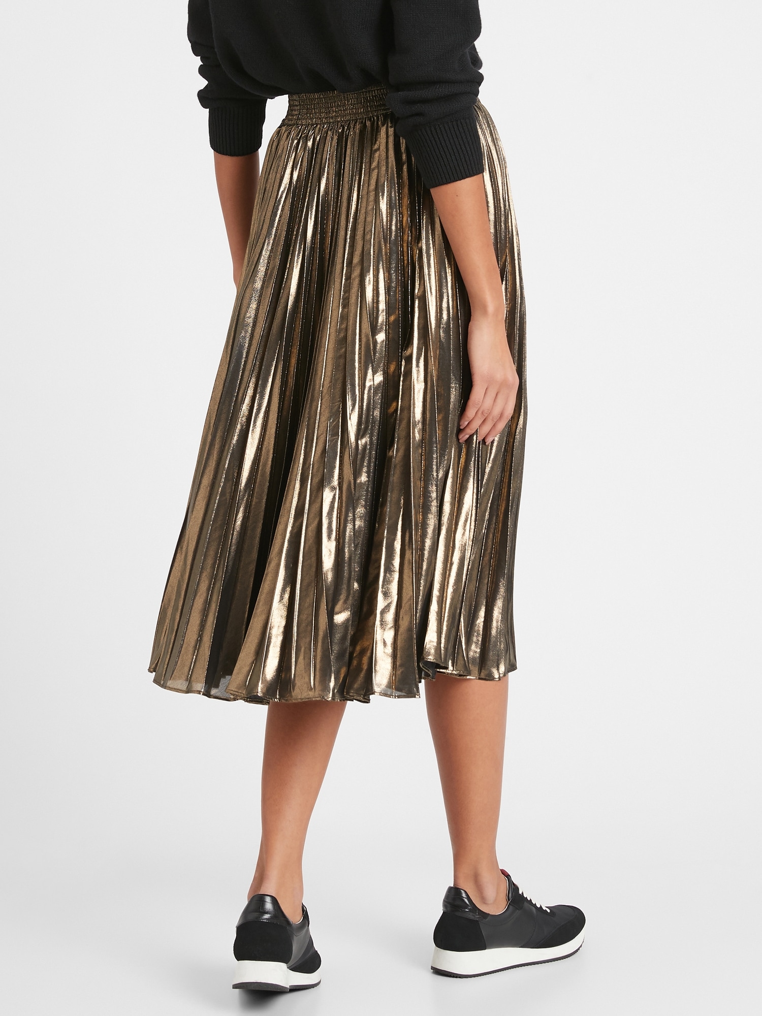 Metallic Pleated Midi Skirt