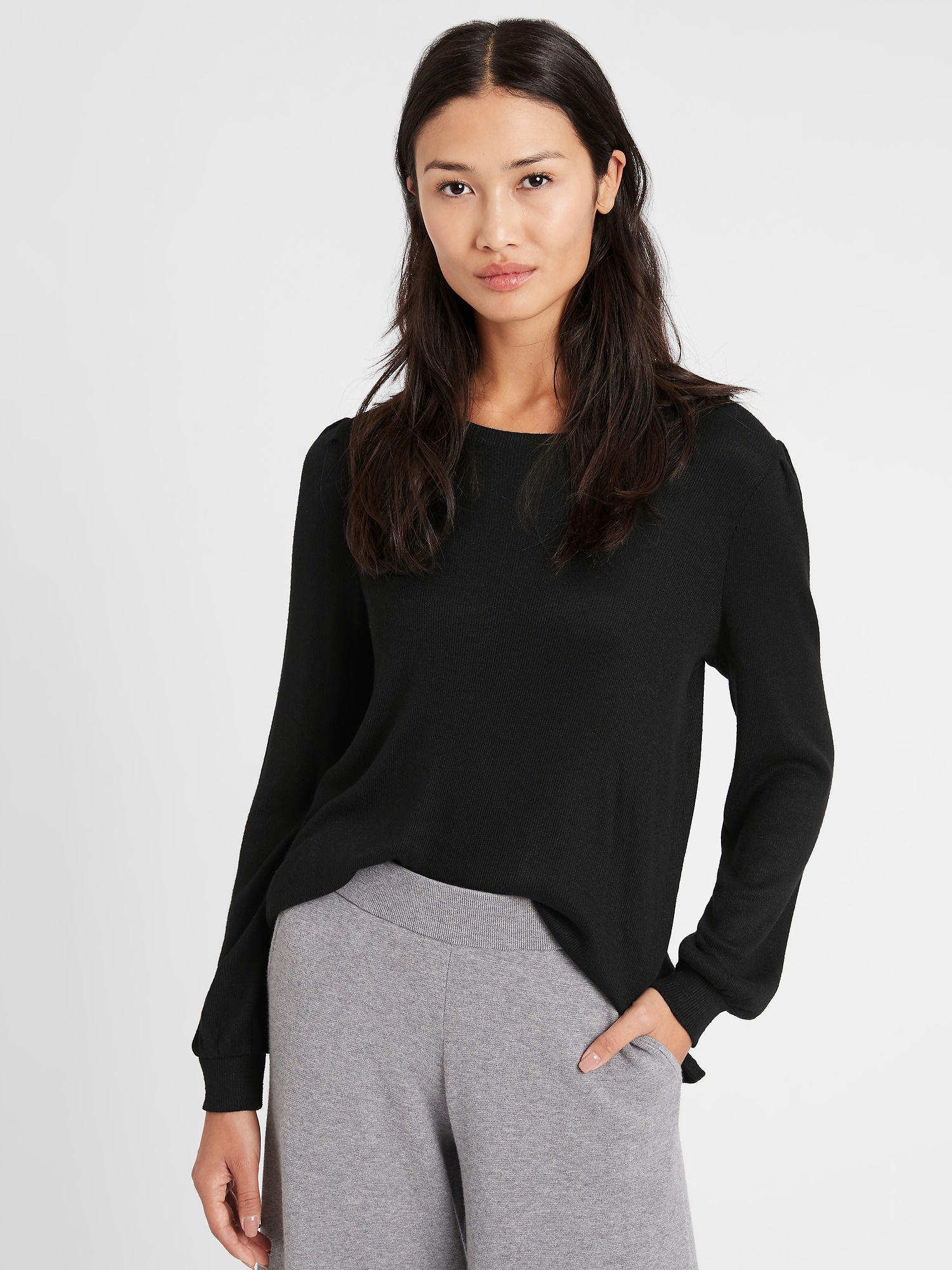 Petite Cozy Ribbed Puff Sleeve Top