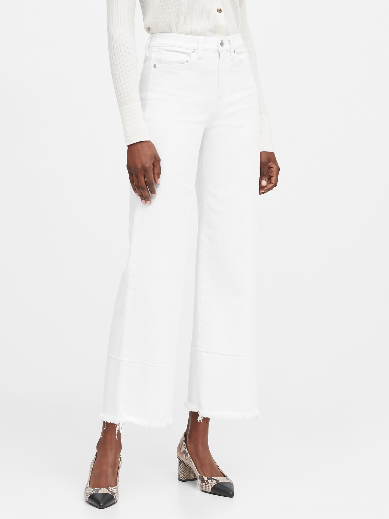 high rise white cropped jeans