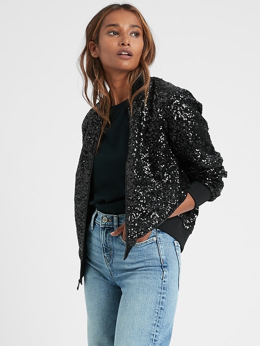 Sequin Cropped Bomber Jacket Banana Republic