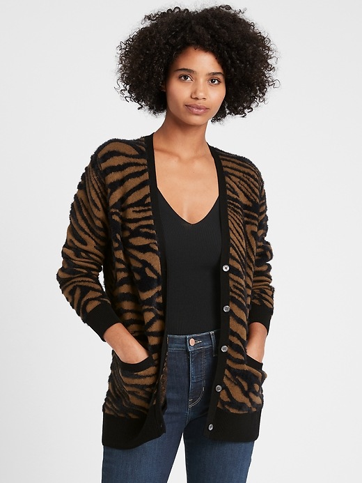 Image number 3 showing, Fuzzy Animal Print Cardigan Sweater