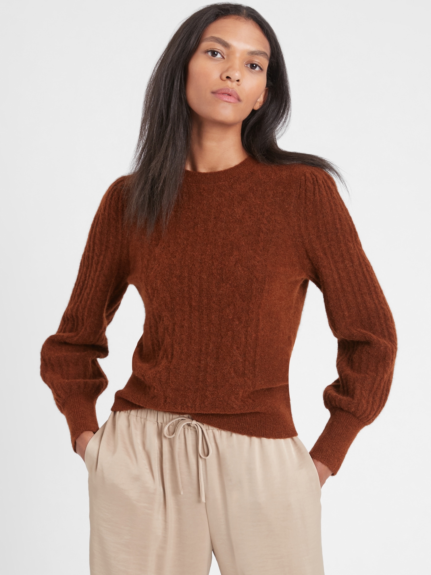 Petite Cable-Knit Puff-Sleeve Sweater