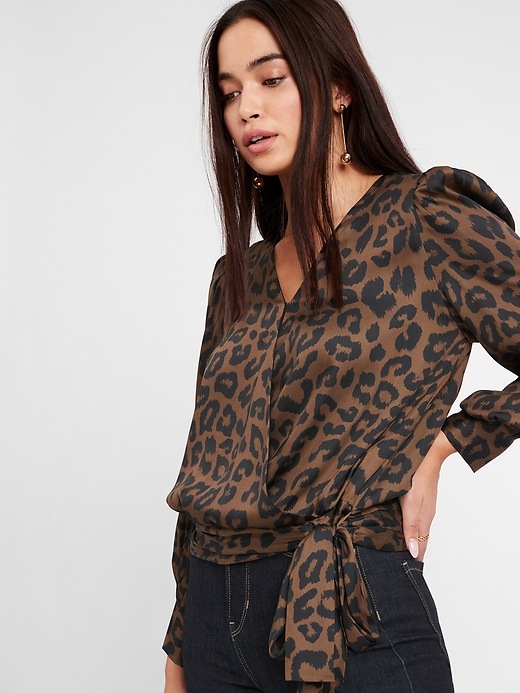 satin leopard wrap blouse