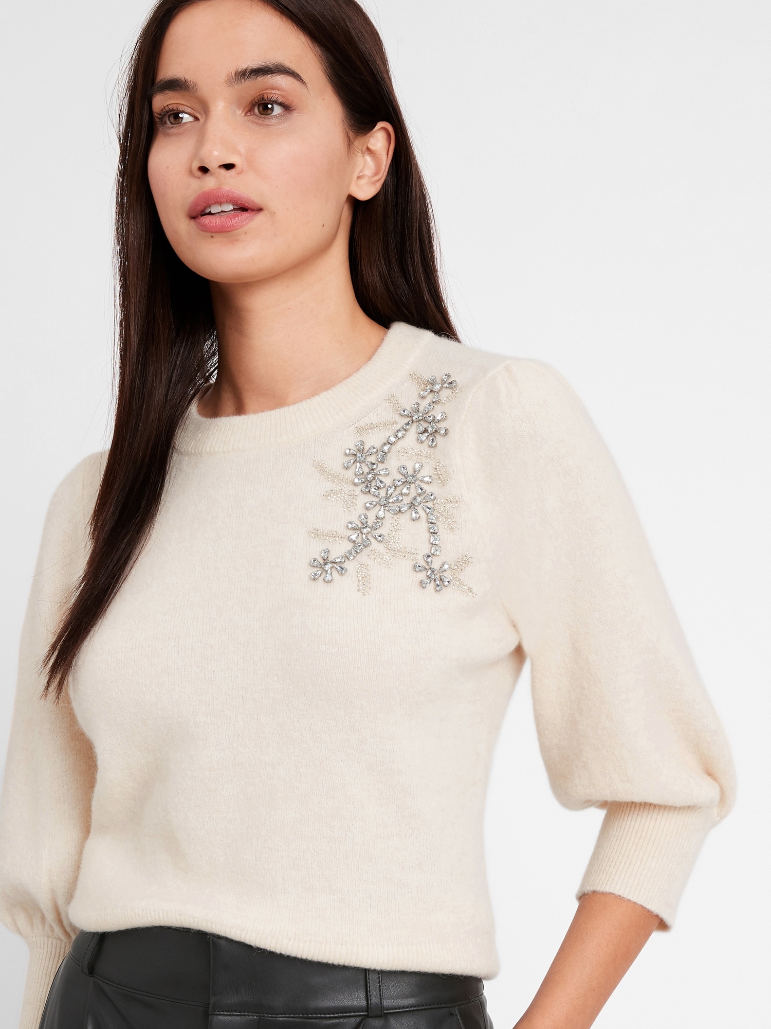 Embellished Puff-Sleeve Sweater