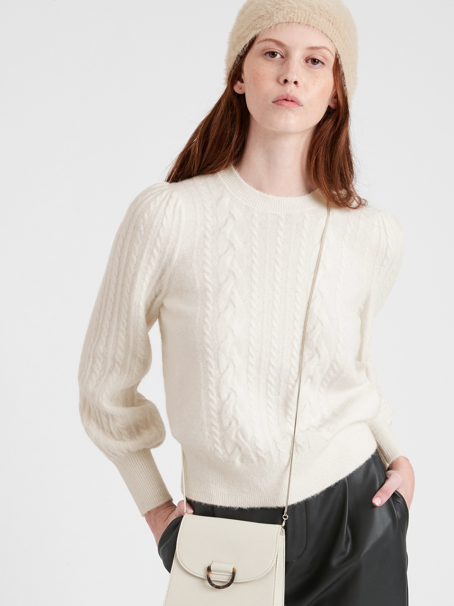 cable knit puff sleeve sweater