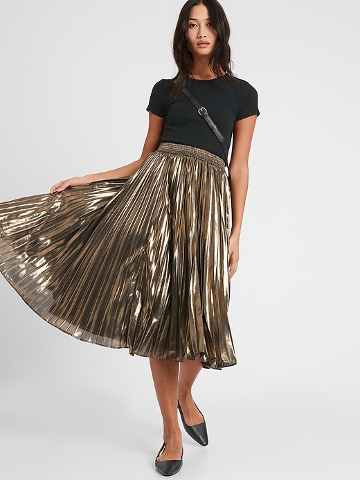 Petite Metallic Pleated Midi Skirt | Banana Republic