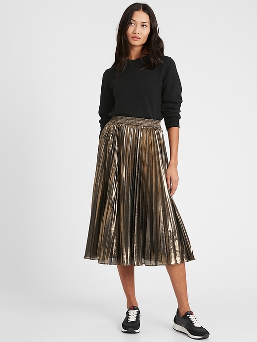 Petite Metallic Pleated Midi Skirt | Banana Republic