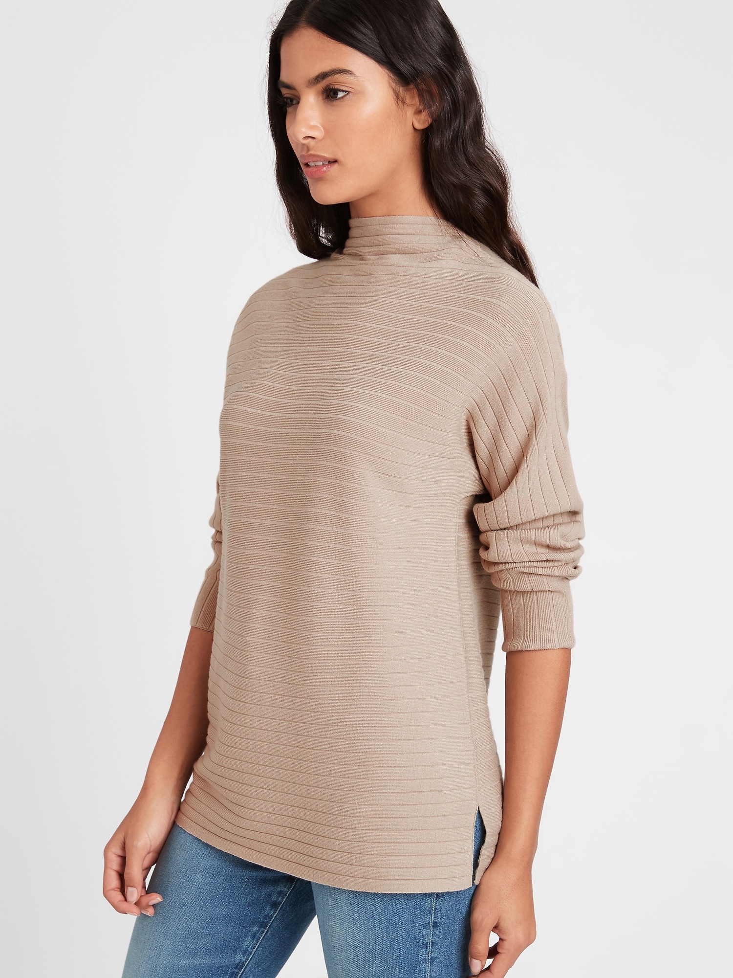 Ribbed Funnel-Neck Sweater