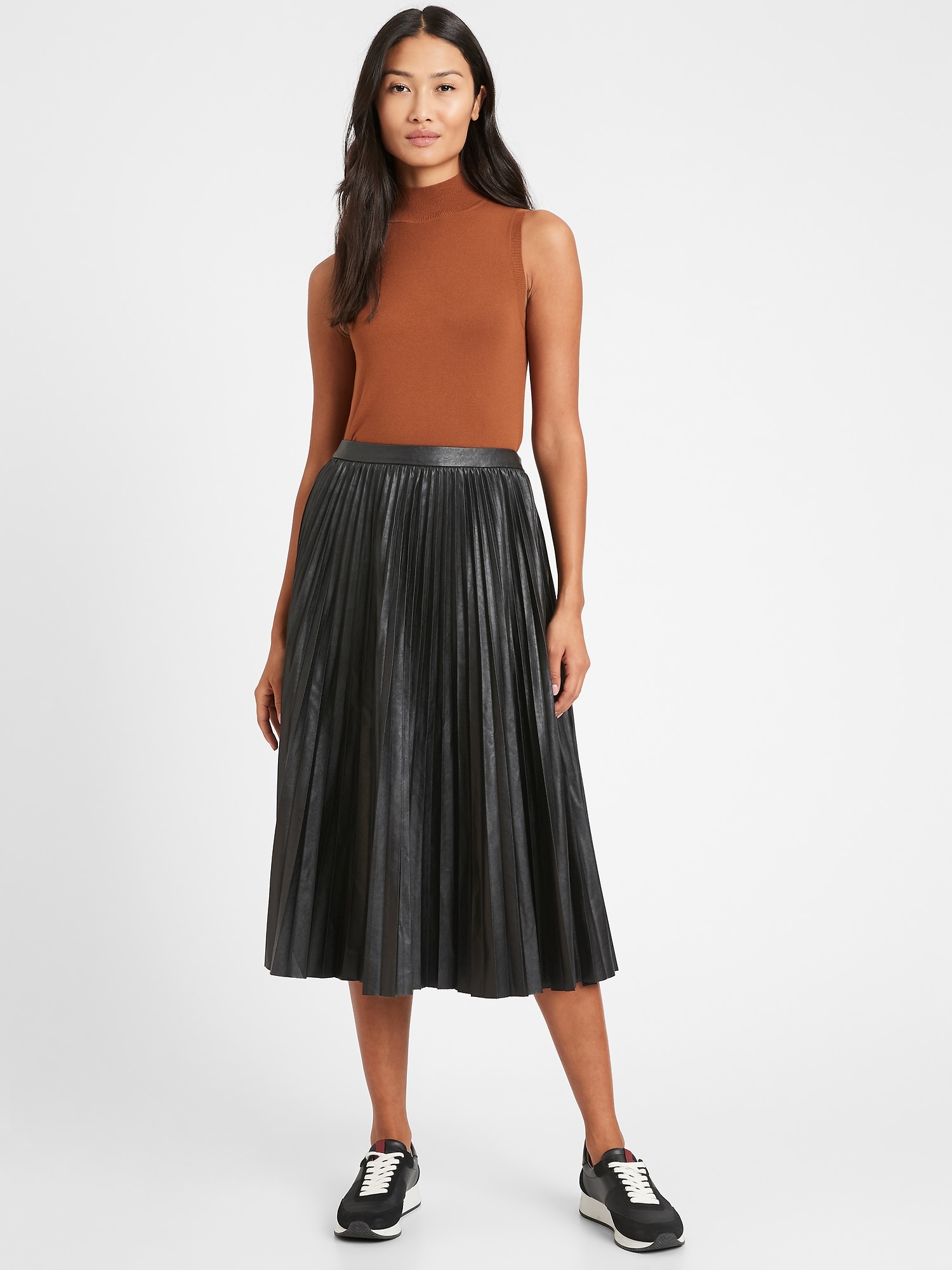 Petite Vegan Leather Pleated Midi Skirt