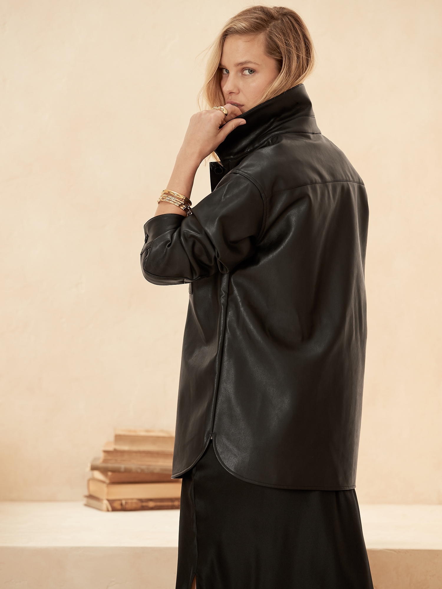 vegan leather shirt jacket