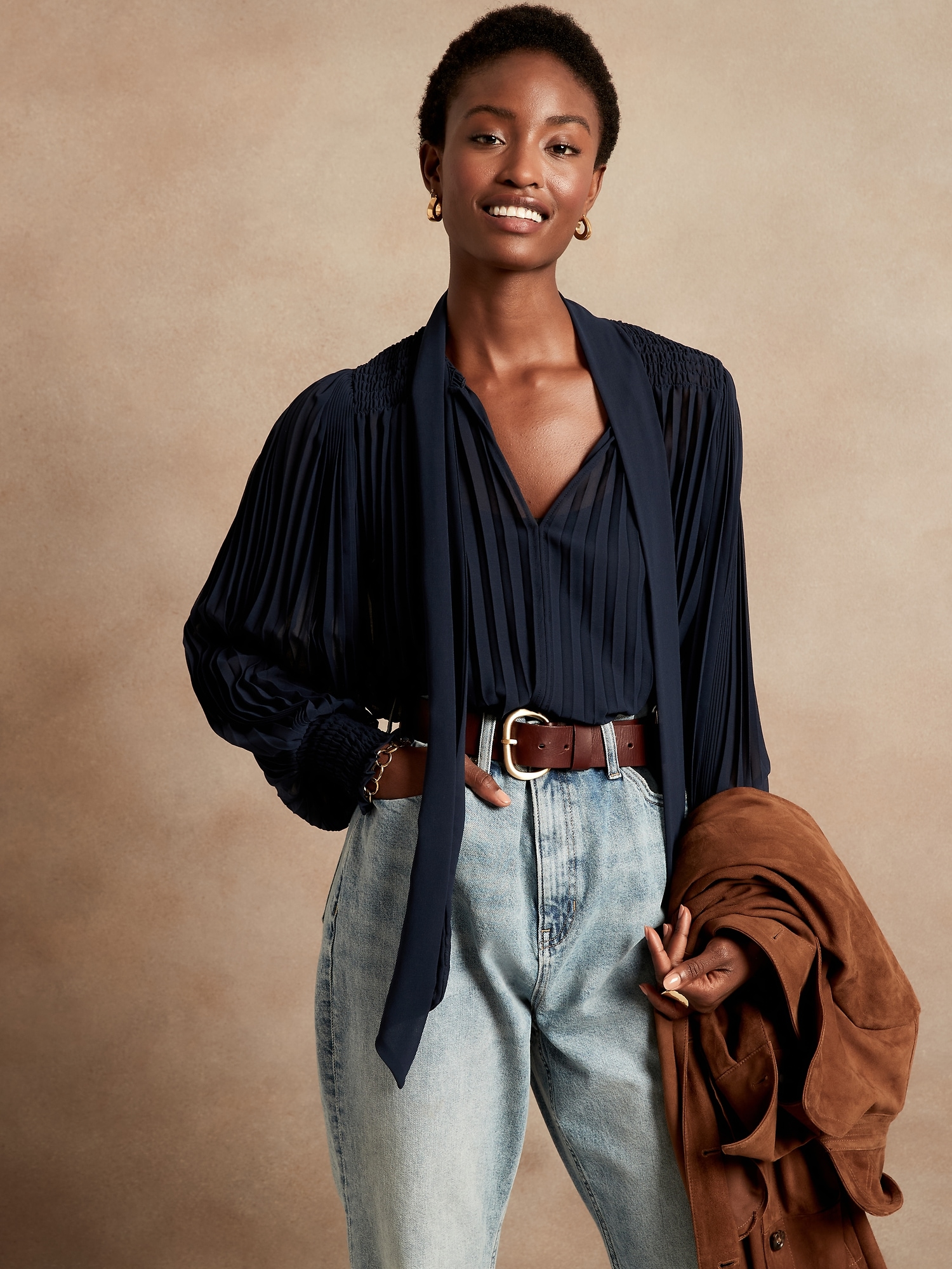 Pleated Tie-Neck Top