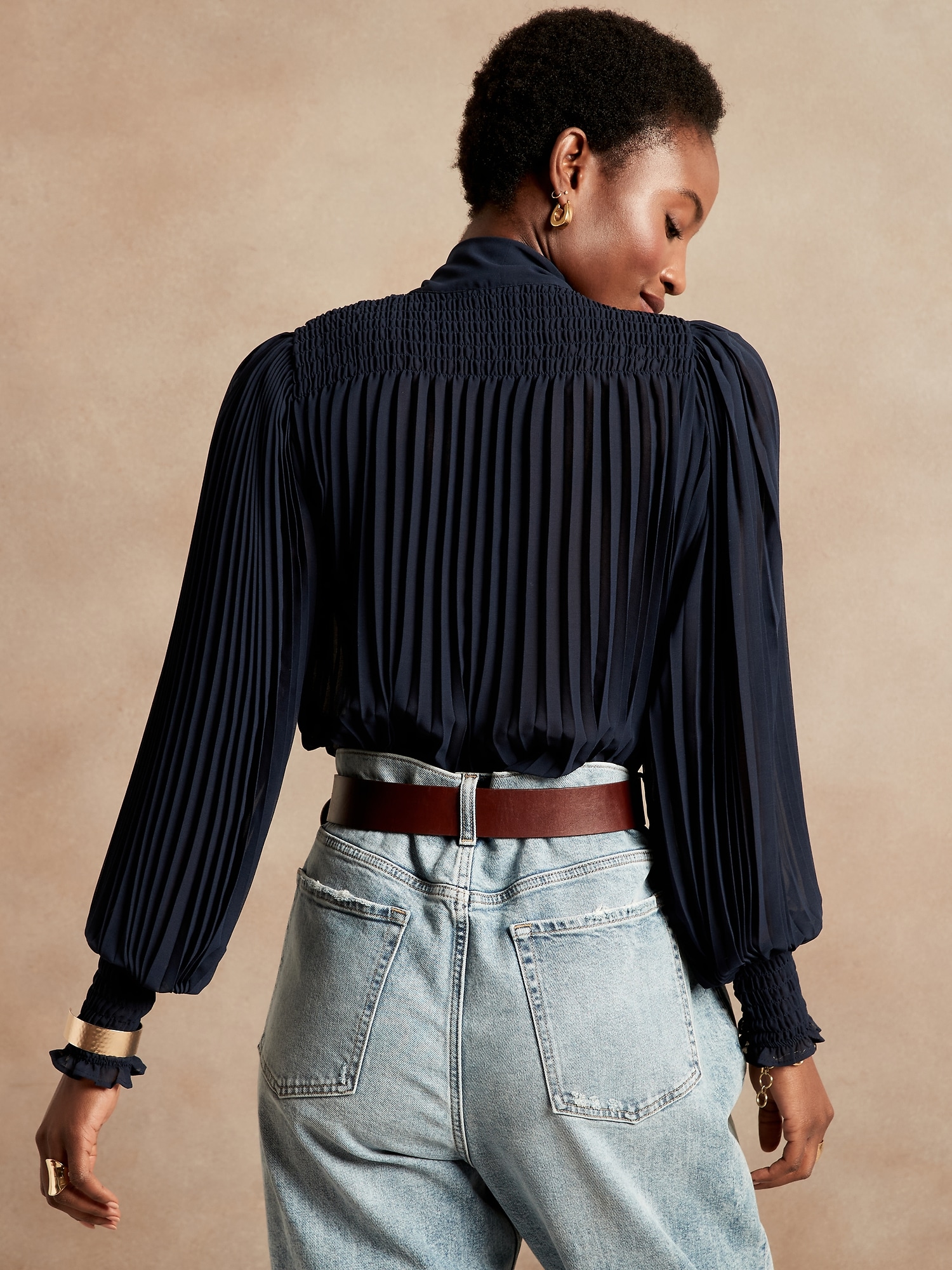 Pleated Tie-Neck Top