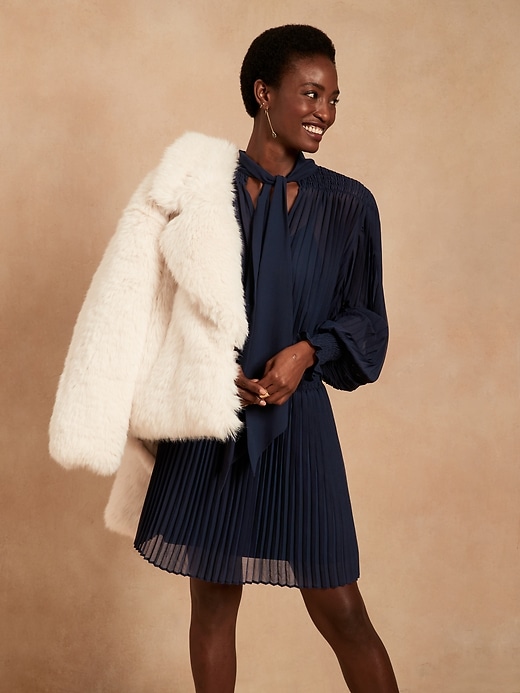 Banana Republic Pleated Tie-Neck Mini Dress. 1