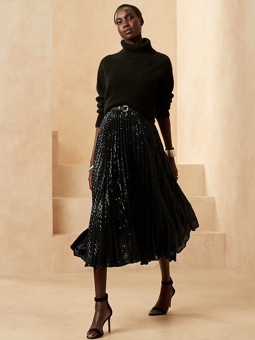 Pleated Sequin Midi Skirt