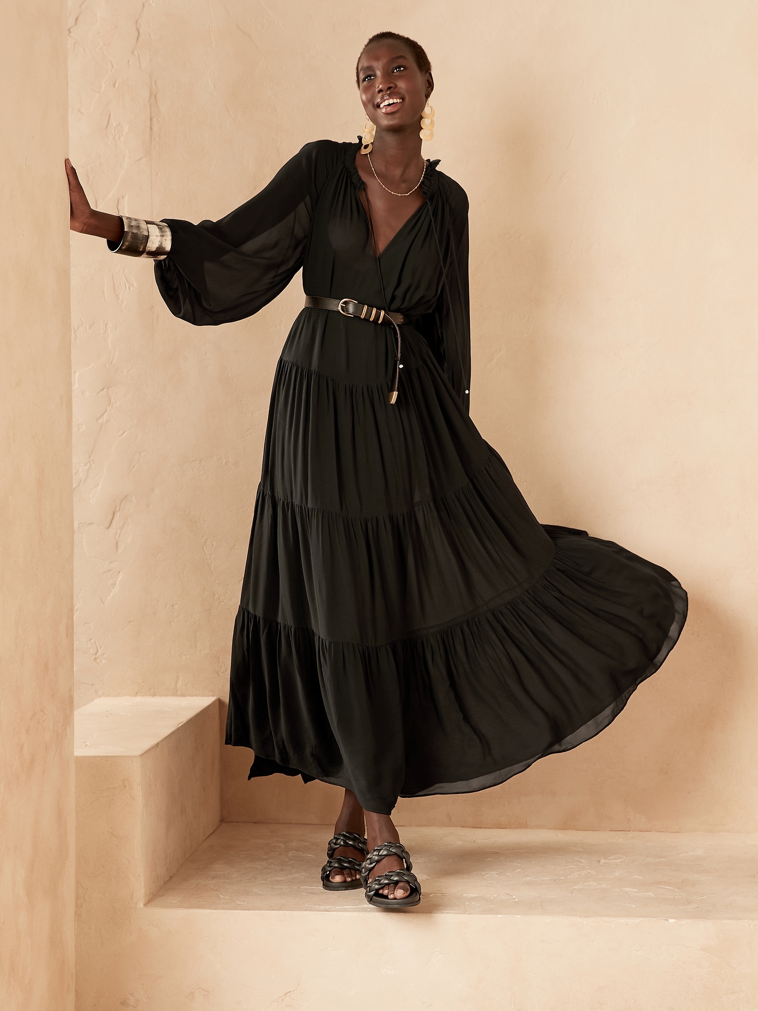 Buy Juniper Black Chiffon Printed Tiered Dress online