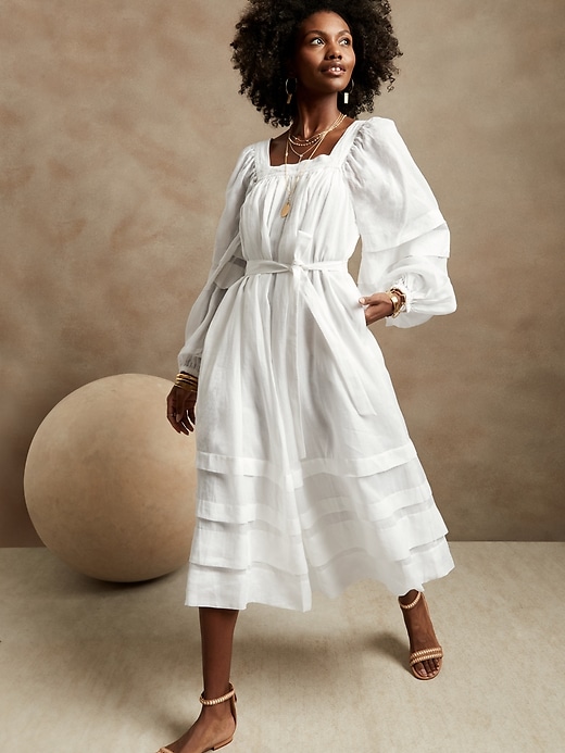 knee length dresses for ladies White Ramie Midi Dress – Mint Velvet