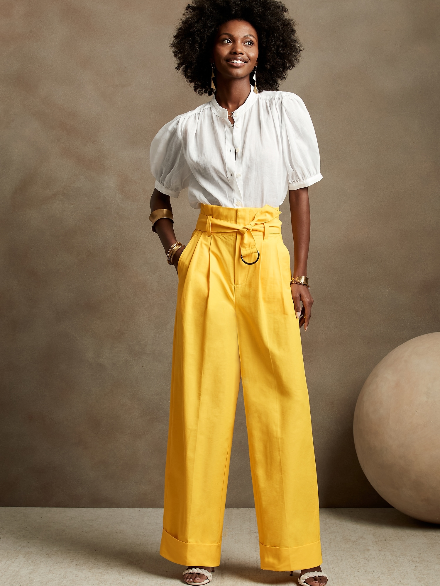 River Island Paperbag Wide Leg Trousers in Yellow | Lyst UK