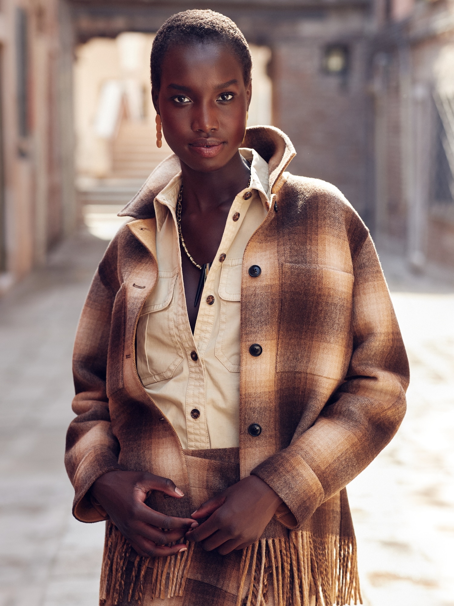 relaxed button up fringe jacket