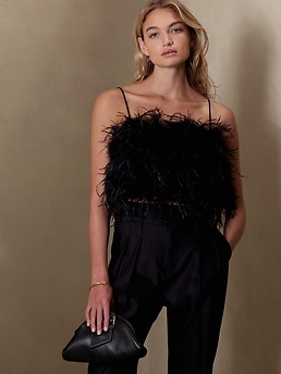 【Raucohouse】Luna feather see-through shirt Women Sexy Mesh Feather-trimmed Blouse Layering Top See