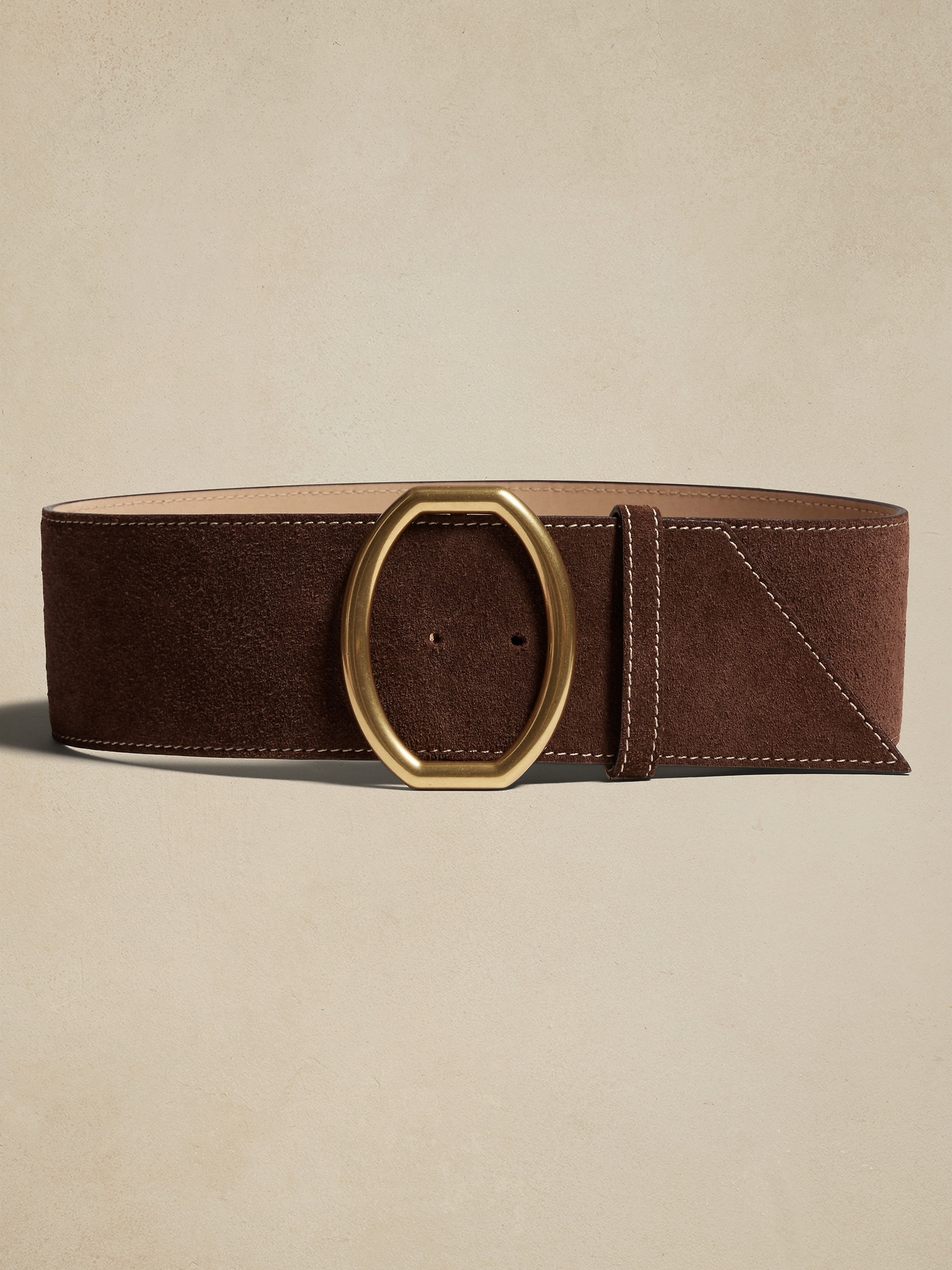 Dark Brown Suede Belt, Signature Buckle (Gold)