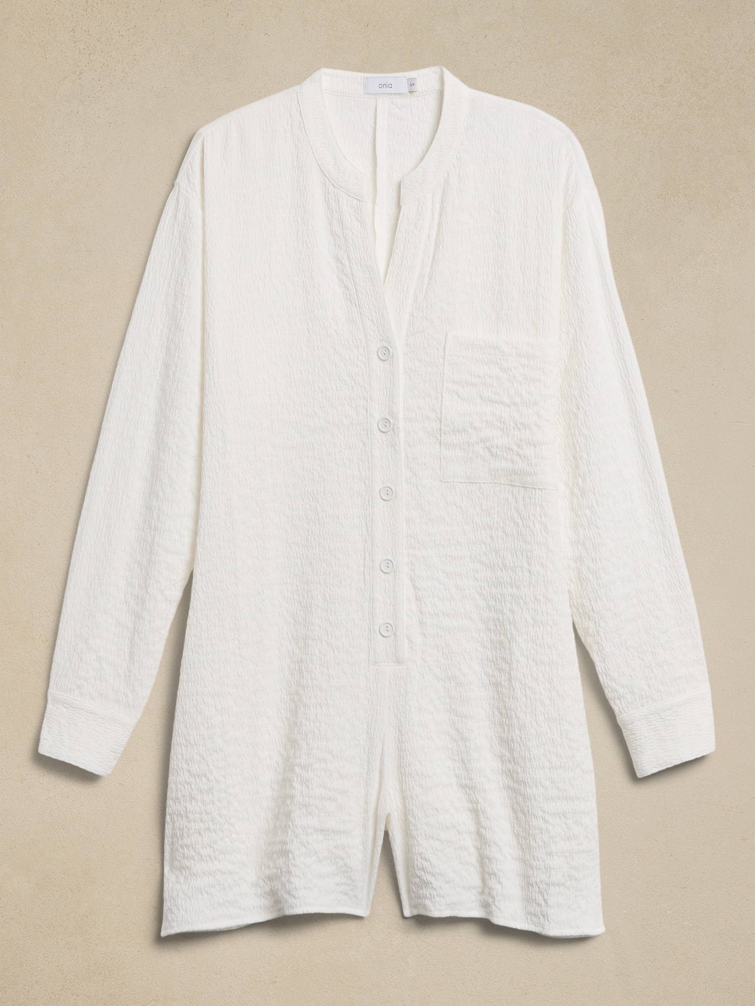 Banana Republic Crinkle Button-Down Romper &#124 Onia white. 1