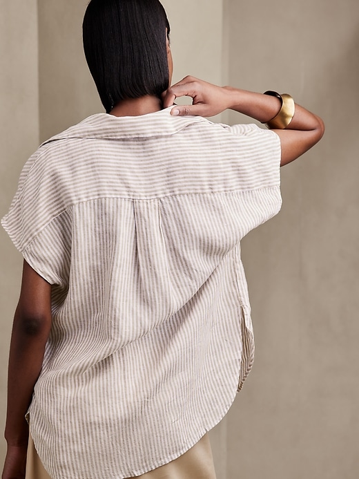 【2plan】Elu stripe linen short sleeves shirt striped short sleeve linen blend shirt - Ecru Stripe