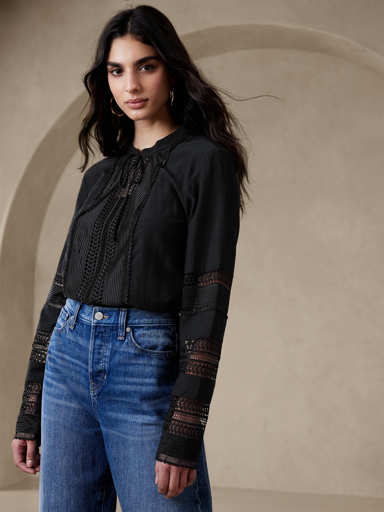 Black Lace Long Sleeve Tie Front Shirt, Tops