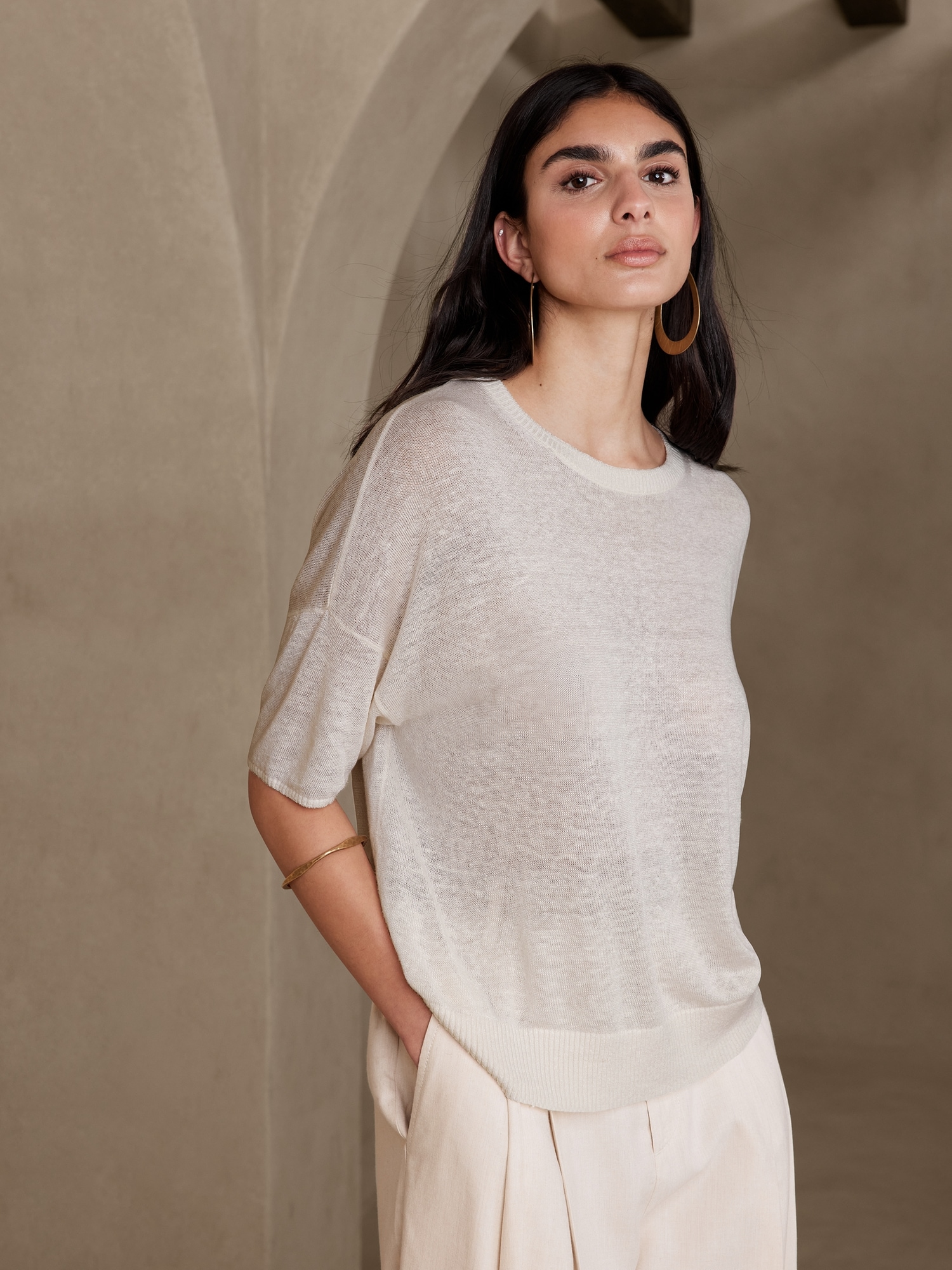 Fern Linen-Blend Short-Sleeve Sweater