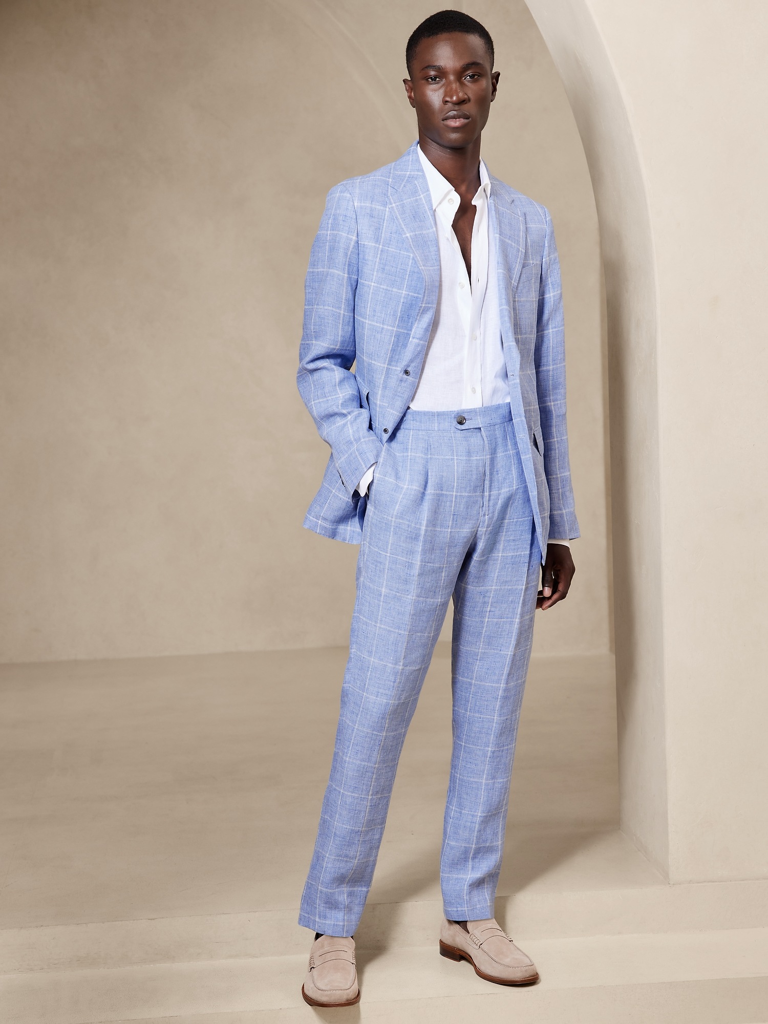 Men's Sky Blue Textured Wool and Linen Blazer Jacket