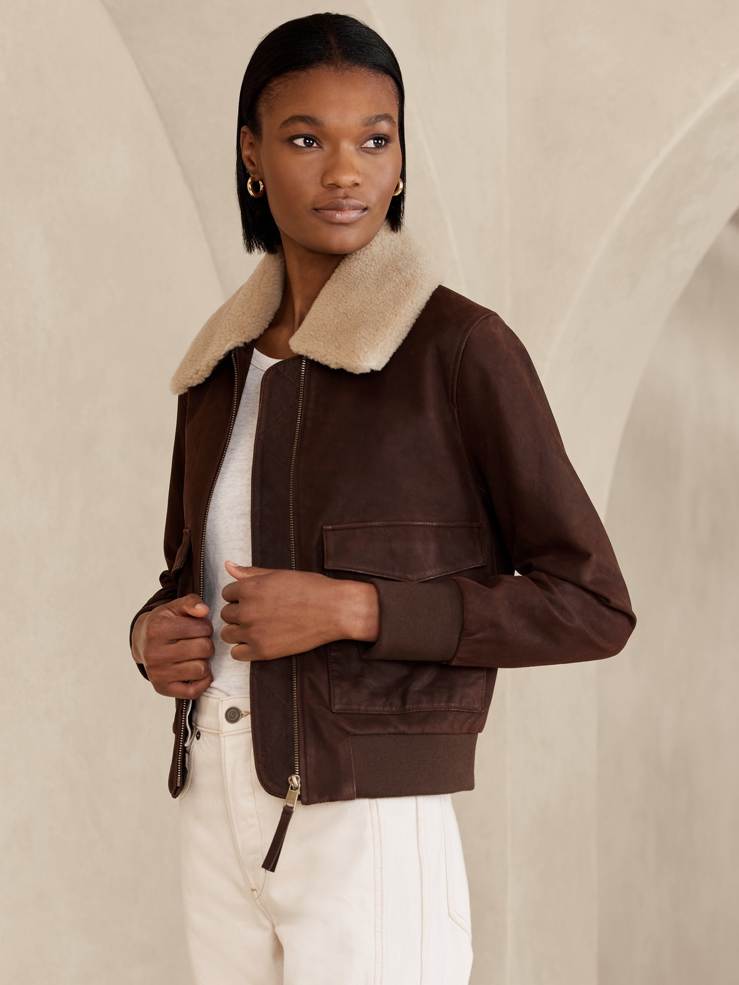 Womens Classic Brown Leather Bomber Jacket