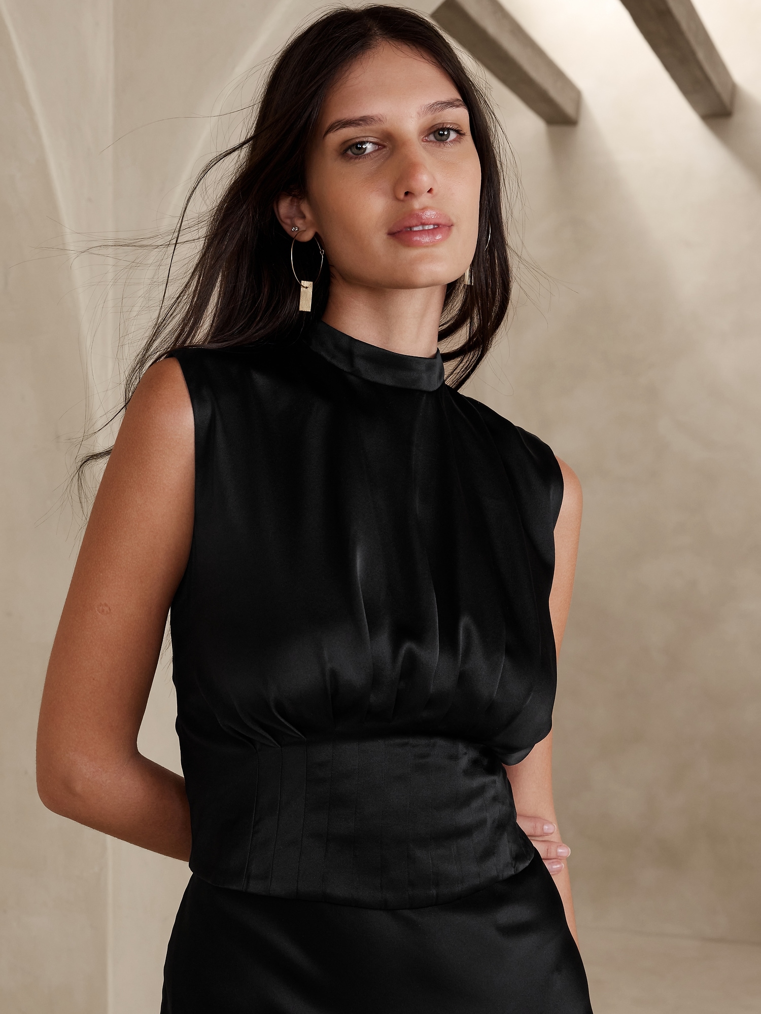 Pleated Satin Sleeveless Mock Neck Dress